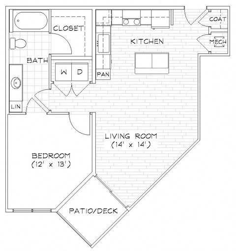 Floor plan for 1 bed, 1 bath, 719 sqft